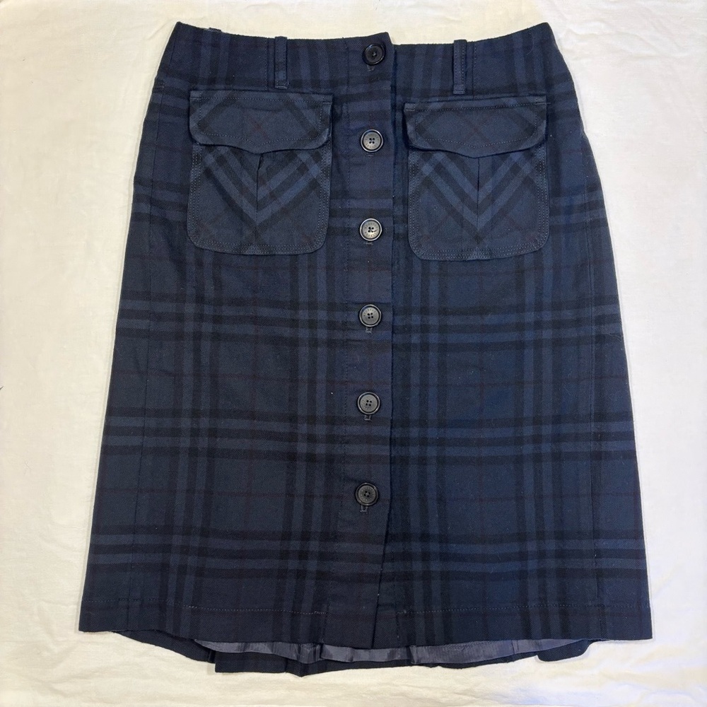 Burberry Blue Plaid Wool & Silk Mid Length Button Down Skirt Size 2